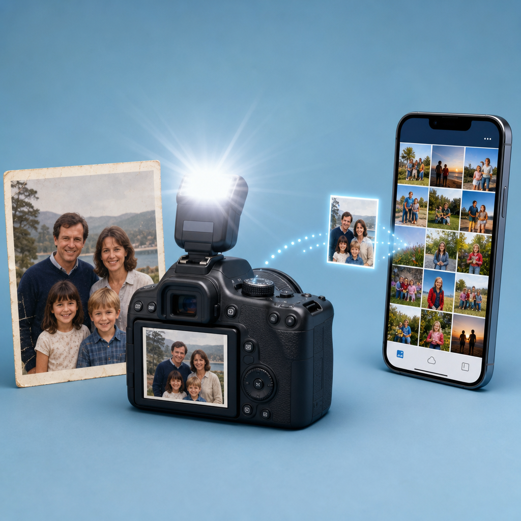 A camera flashing to photograph and digitise a print, which appears in a photo library app