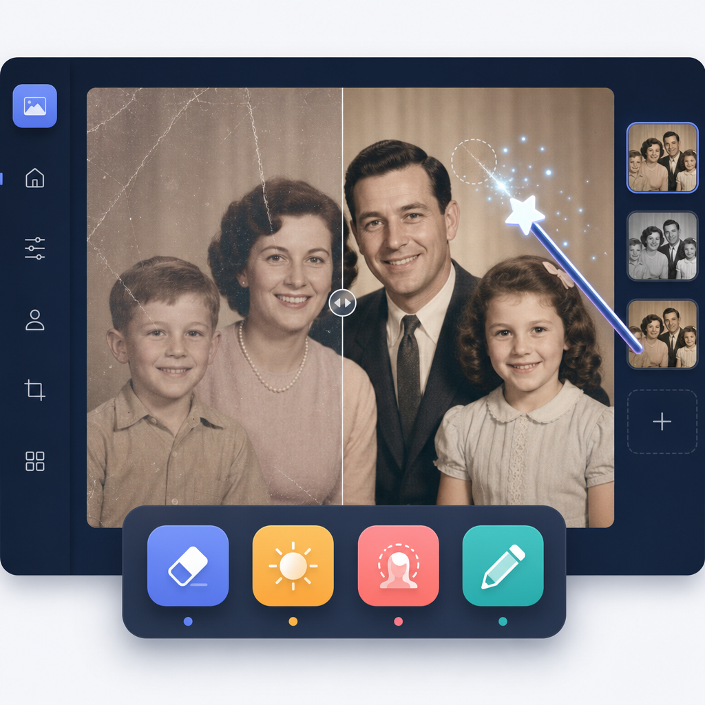 AI editing tools removing a scratch from an old photo with Magic Eraser and Portrait Light style controls