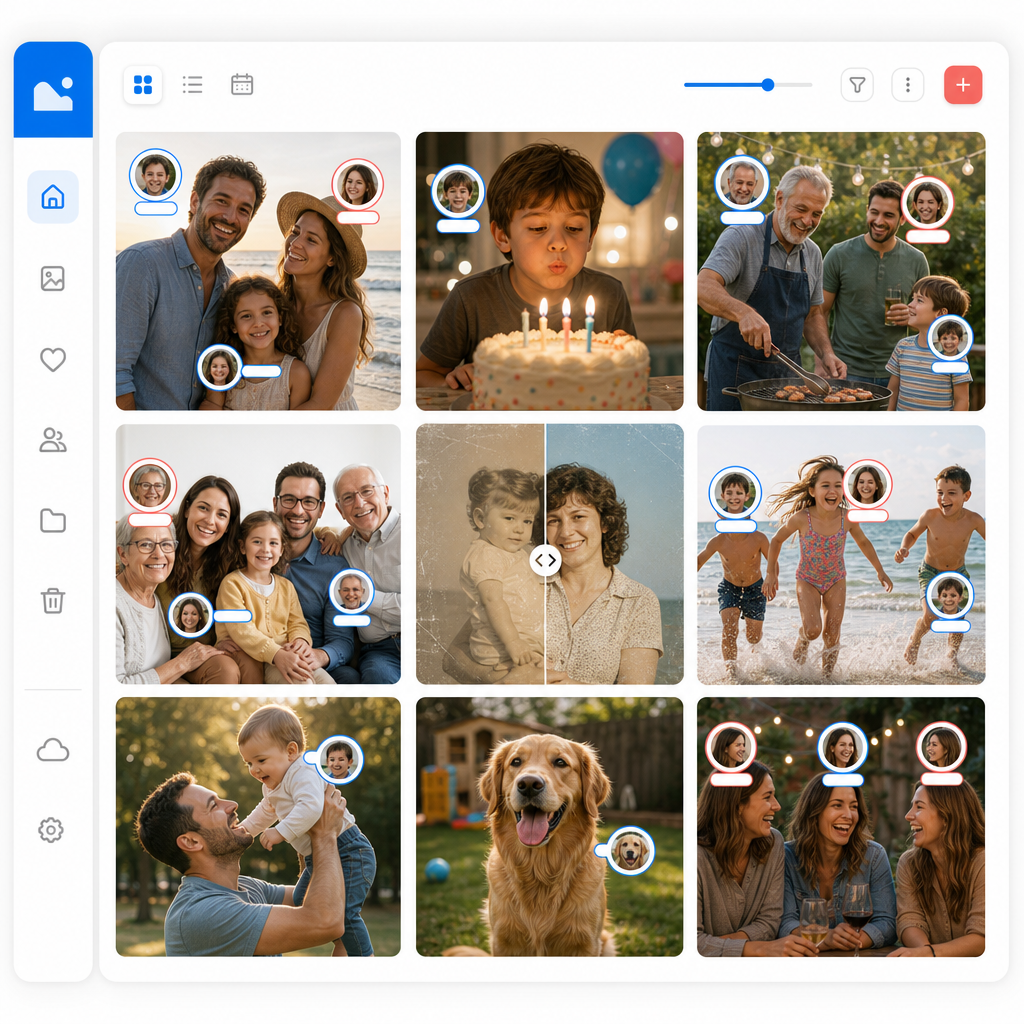 Google Photos AI smart tagging and one-tap enhance shown on a photo library screen